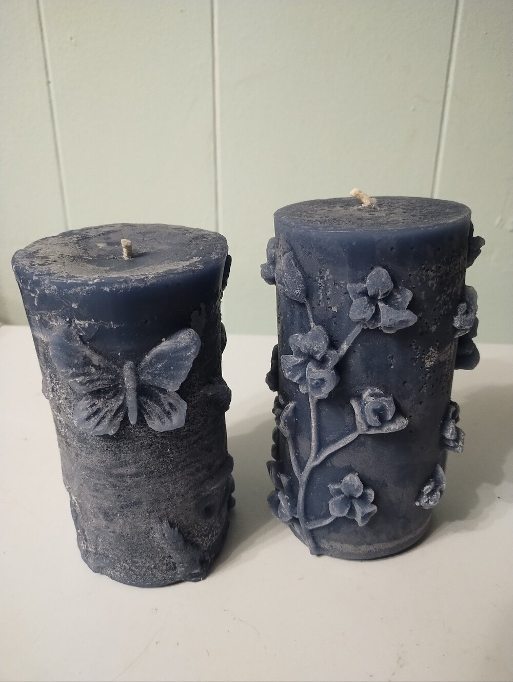 Decorative Blue Floral & Butterfly Pillar Candle Set